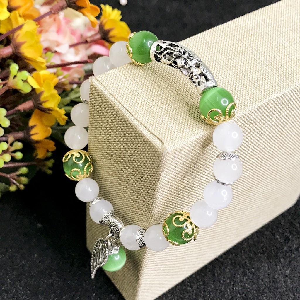 Vòng Tay Cho Mệnh Thủy - Vòng Tay Nữ Mã Não Trắng 8mm Mix Đá Mắt Mèo 10mm V355-8