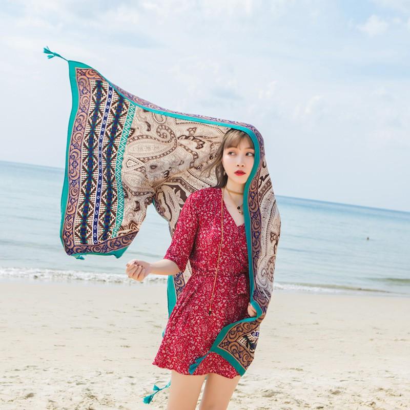 Khăn Choàng Quàng Cổ Boho Họa Tiết Thổ Cẩm Màu Xanh Lam - Chất Liệu Cotton  - Size:90x180cm - Mã KC012