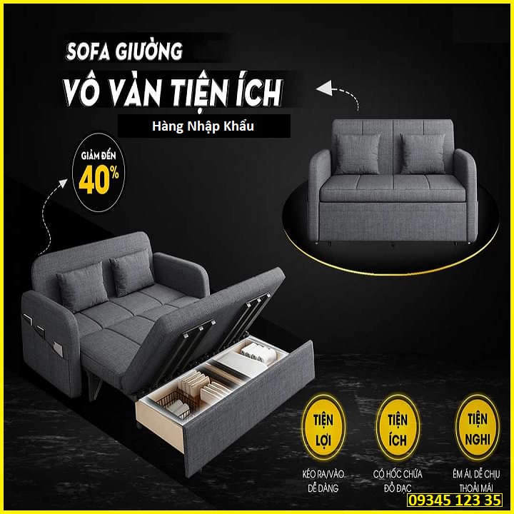 Giường Sofa Gấp Gọn Thành Ghế Sofa. Ghế Sofa Giường Đa Năng Có Ngăn Chứa Đồ. Sofa Giường Thông Minh KT 1m40 x 1m90. KT Lọt Lòng 1m20 x 1m80 (R x D) Tặng Kèm 2 Gối Cùng Tone