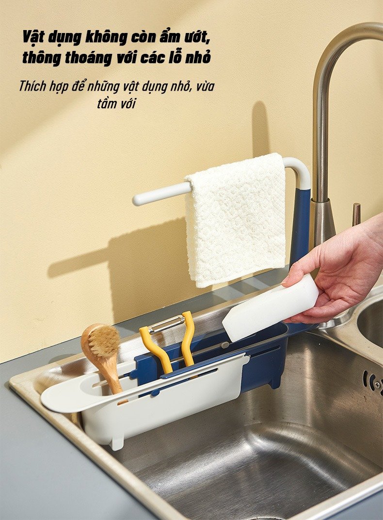 Kệ Để Đồ Rửa Chén 3 in1 Tiện Lợi ,Giá Treo Để Đồ Rửa Bát Gắn Bồn - Có Thanh Treo Khăn Tiện Dụng, Có Thể Kéo Dài Tiện Lợi
