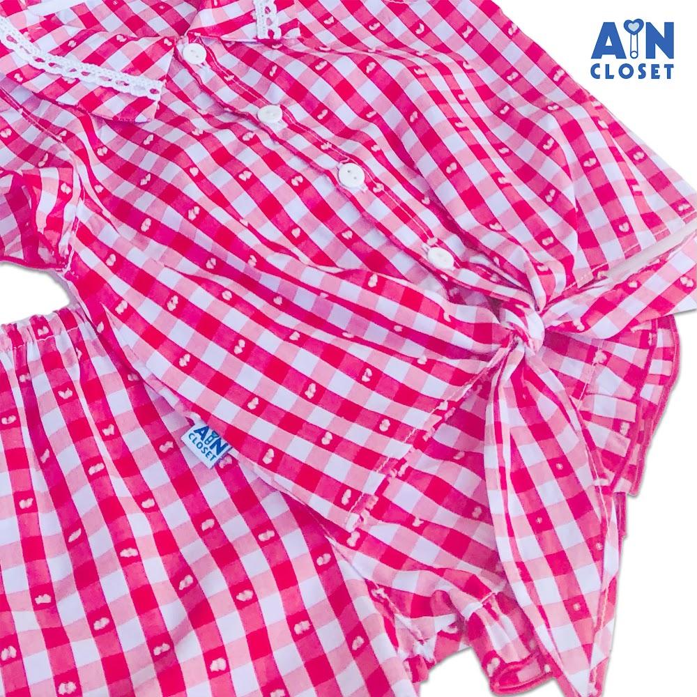 Bộ quần áo ngắn Bé gái họa tiết Caro đỏ nơ cotton - AICDBGLX52KD - AIN Closet