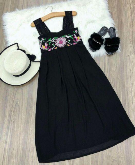 Đầm maxi đen thêu hoa 2 dây ren siêu cute