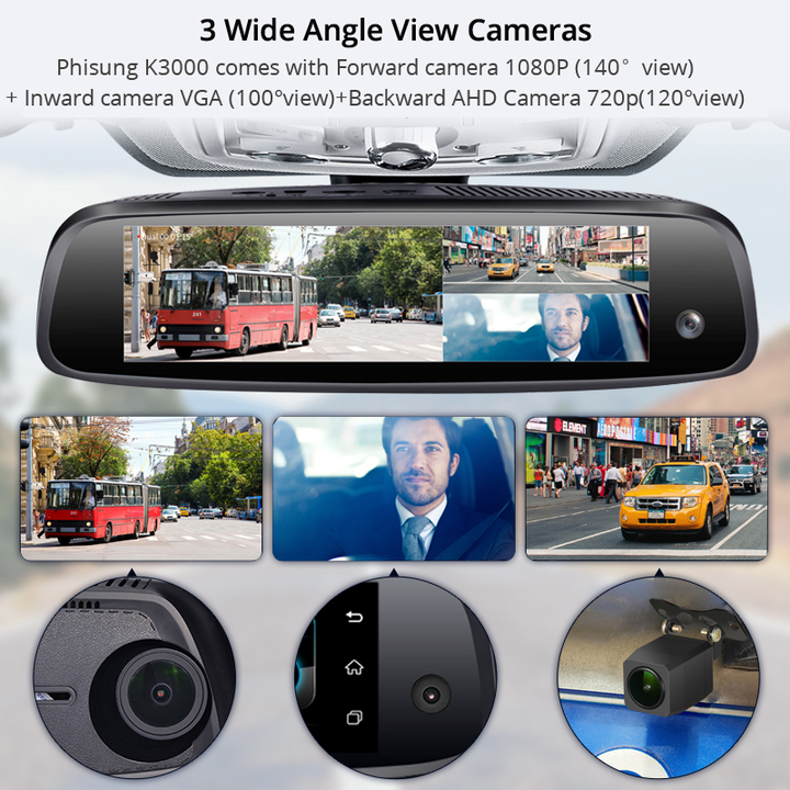 Camera hành trình cao cấp Phisung E09-3 tích hợp 3 camera, GPS, 4G, Android, Wifi