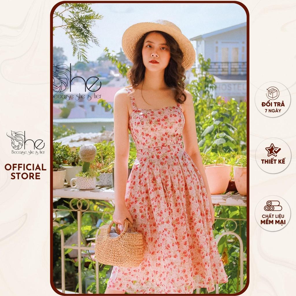 Đầm 2 dây xếp li hoa She, váy 2 dây dáng xòe VINTAGE đi chơi đi biển SDX34