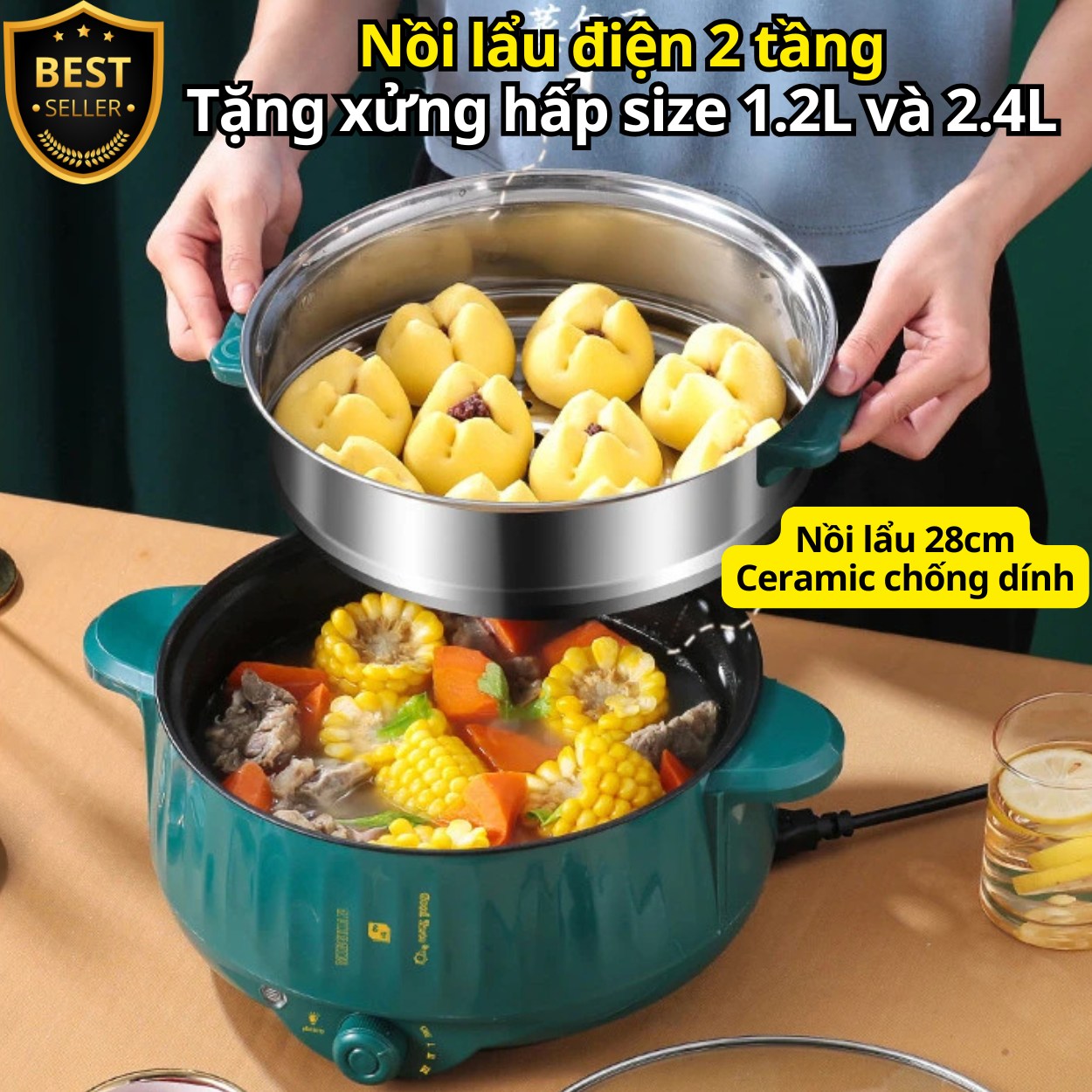 Nồi lẩu điện đa năng 28cm, Ceramic vân đá chống dính công suất 1000W tiện dụng 3 nấc nhiệt - Tặng Xửng Inox D Danido