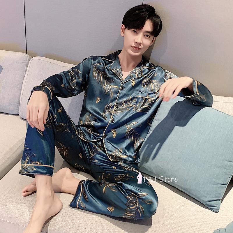 Bộ Đồ Ngủ Nam Dài Tay 4XL 5XL Satin LỤA Đen Bộ Đồ Ngủ Set 2021 Mới Nhà Thu Pijamas Phòng Chờ Khi Mặc áo Váy Ngủ