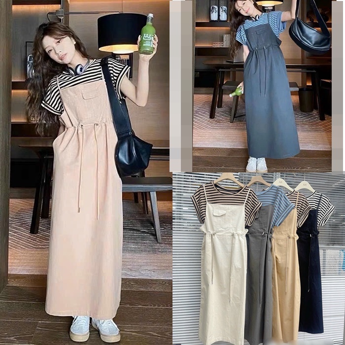 ĐẦM MIDI SUÔNG 2 DÂY YẾM DÀI TRƠN DÂY RÚT EO + ÁO THUN SỌC TAY NGẮN ĐI CHƠI ĐI BIỂN DẠO PHỐ ĐI HỌC LÀM CÔNG SỞ
