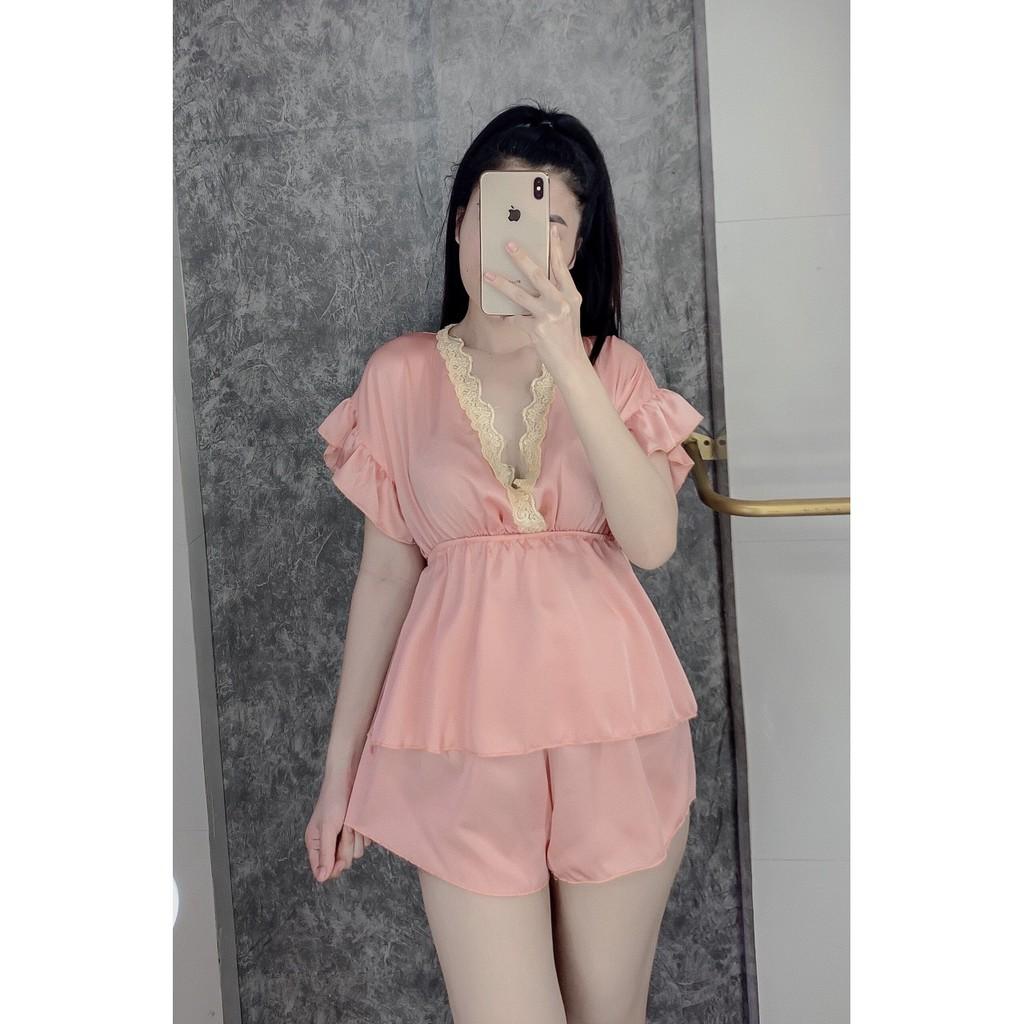 Đồ ngủ sexy áo cổ V quần đùi chất satin mặc ngủ thoải mái freesize