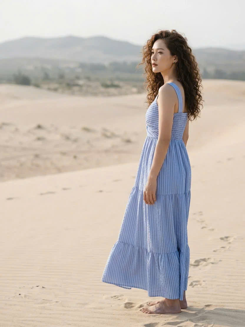 Đầm Maxi Sọc Xanh Cotton Vân Hy DRE205 Thời trang Hity