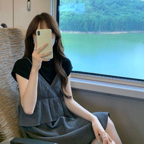 TOBE1SHOP Một nửa chiều cao cổ áo mỏng phù hợp với phụ nữ mùa hè cao eo lá sen ren váy hai mảnh đặt váy
