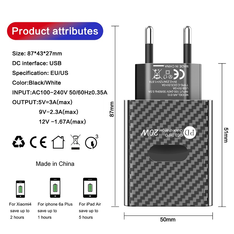 Củ sạc nhanh chuẩn kép PD và QC3.0 công suất 20W S01