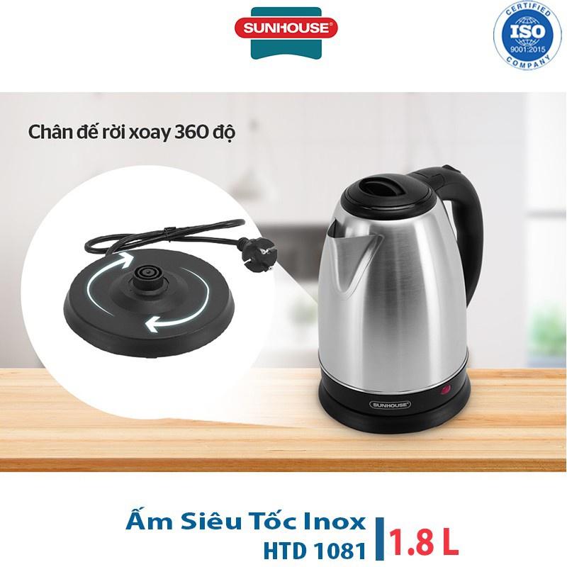 Ấm Siêu Tốc Đun Nước Inox Sunhouse Happy time HTD1081 - Dung tích 1.8L Chất Liệu Inox Cao Cấp, Bình Siêu Tốc Đun Nước