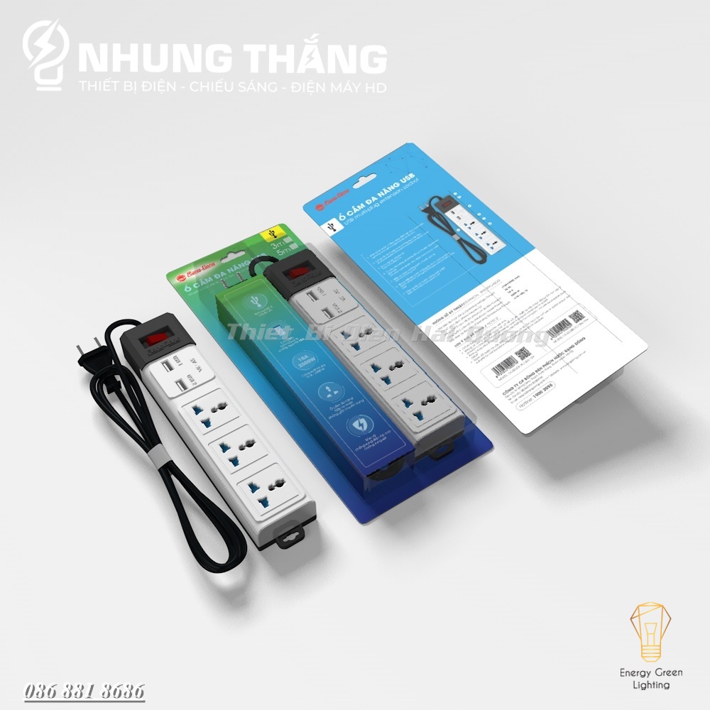 Ổ Cắm Điện Đa Năng Rạng Đông 2 Cổng USB, Sạc Nhanh 5V-2A, Ổ Điện Chịu Tải 2500W, Tích Hợp Rơ Le Tự Ngắt, Dây Dài 3M/5M - CÓ VIDEO