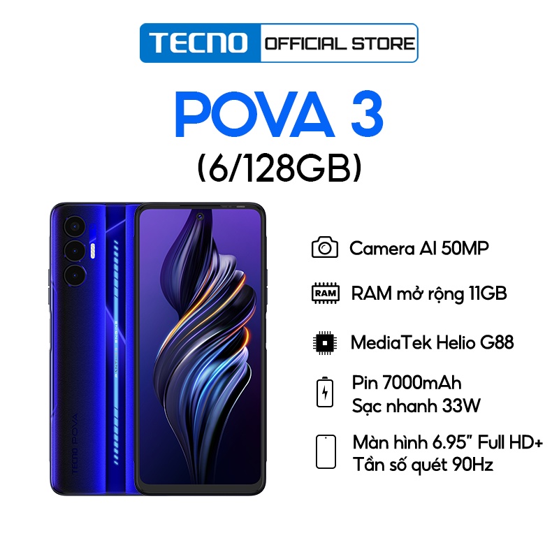 Điện thoại Gaming Tecno POVA 3 (6+5GB)/128GB - Helio G88 | 7000 mAh | Sạc nhanh 33W - Hàng Chính Hãng