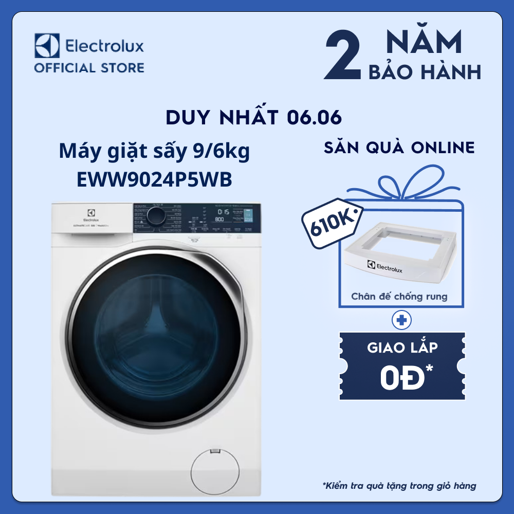 [Free Giao lắp] Máy giặt sấy Electrolux 9/6kg EWW9024P5WB - Diệt khuẩn tối ưu bằng hơi nước, không cặn giặt tẩy, tiết kiệm điện, êm dịu như giặt tay [Hàng chính hãng]