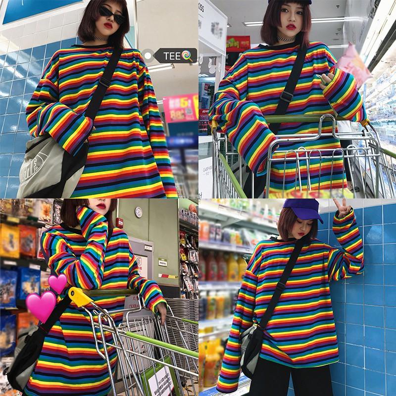 Áo thun tay dài cổ tròn hoạ tiết kẻ sọc thiết kế dáng rộng thoải mái