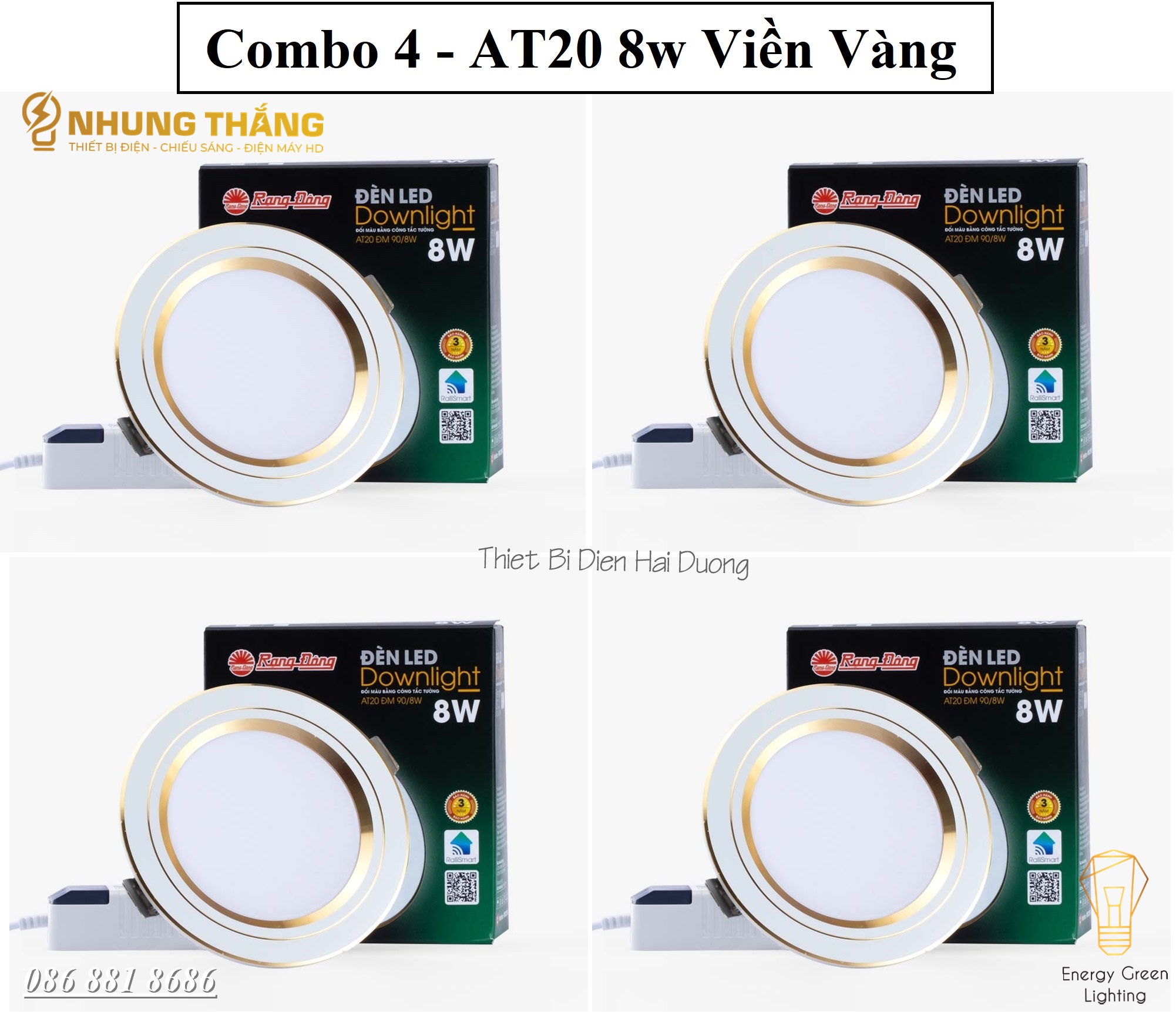 Combo Đèn Led Âm Trần Downlight Đổi Màu Rạng Đông AT20 ĐM - Công Suất 8w - Khoét Lỗ 90mm - Viền Vàng