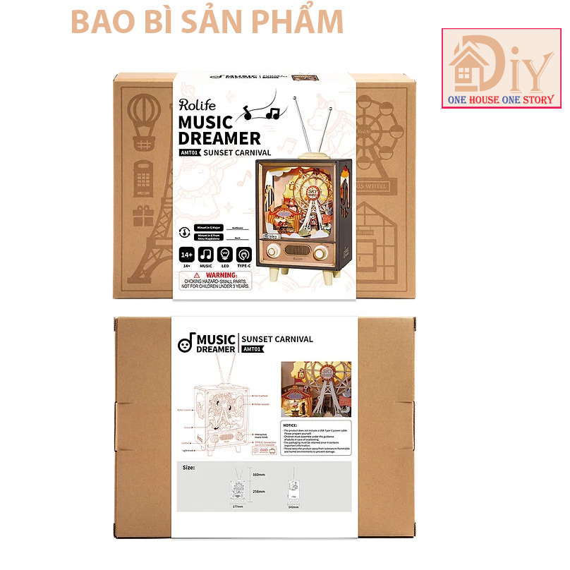 Hộp nhạc Mô hình Tivi gỗ cơ động học DIY Robotime Rolife Sunset Carnival Music Box AMT01 tự lắp ráp Quà tặng giáng sinh trang trí sáng tạo
