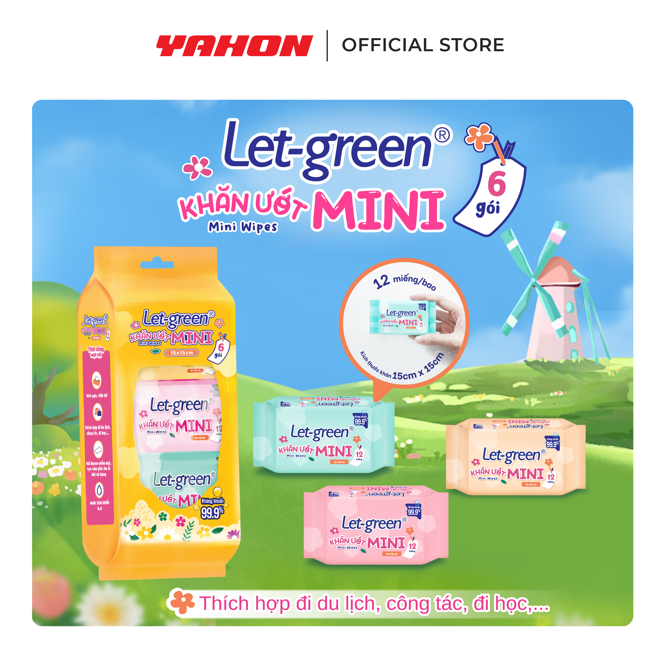 Thùng 36 lốc khăn ướt mini tiện lợi Let-Green 12 miếng/gói 6 gói/lốc nhỏ gọn vệ sinh - dễ mang theo khi đi làm, du lịch