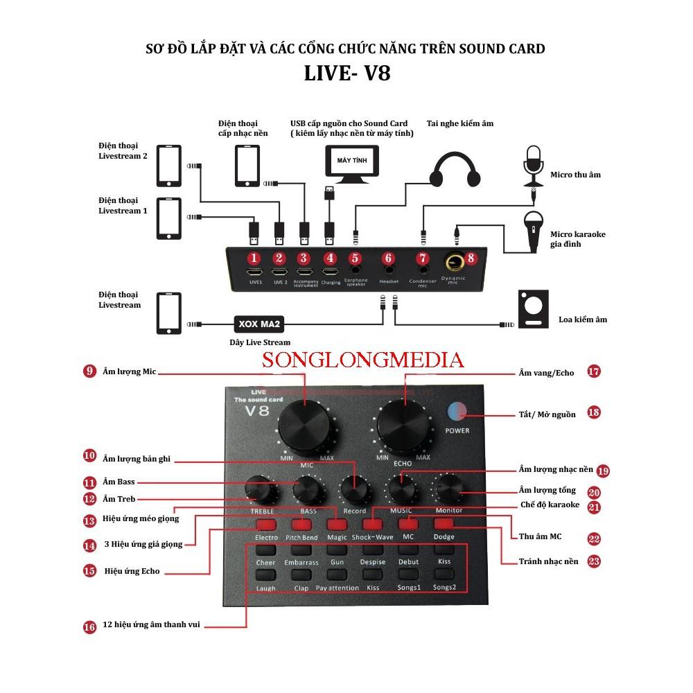 Soundcard V8 Bluetooth Thu âm Hát livestream Âm Thanh Sống Động, Autotune