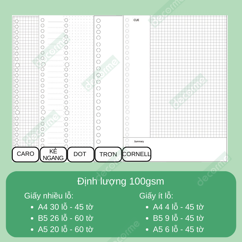 Ruột sổ c.ò.ng r.e.f.il.l 20 26 30 lỗ A5 B5 A4 100gsm