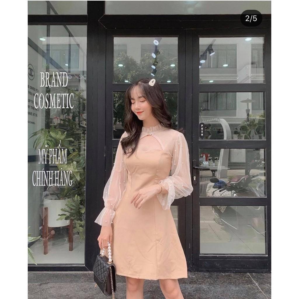 ĐẦm dự tiệc Đầm xòe nữ đầm đi chơi Đầm nữ tay dài phối lưới cổ tàu thời trang dự tiệc dạo phố