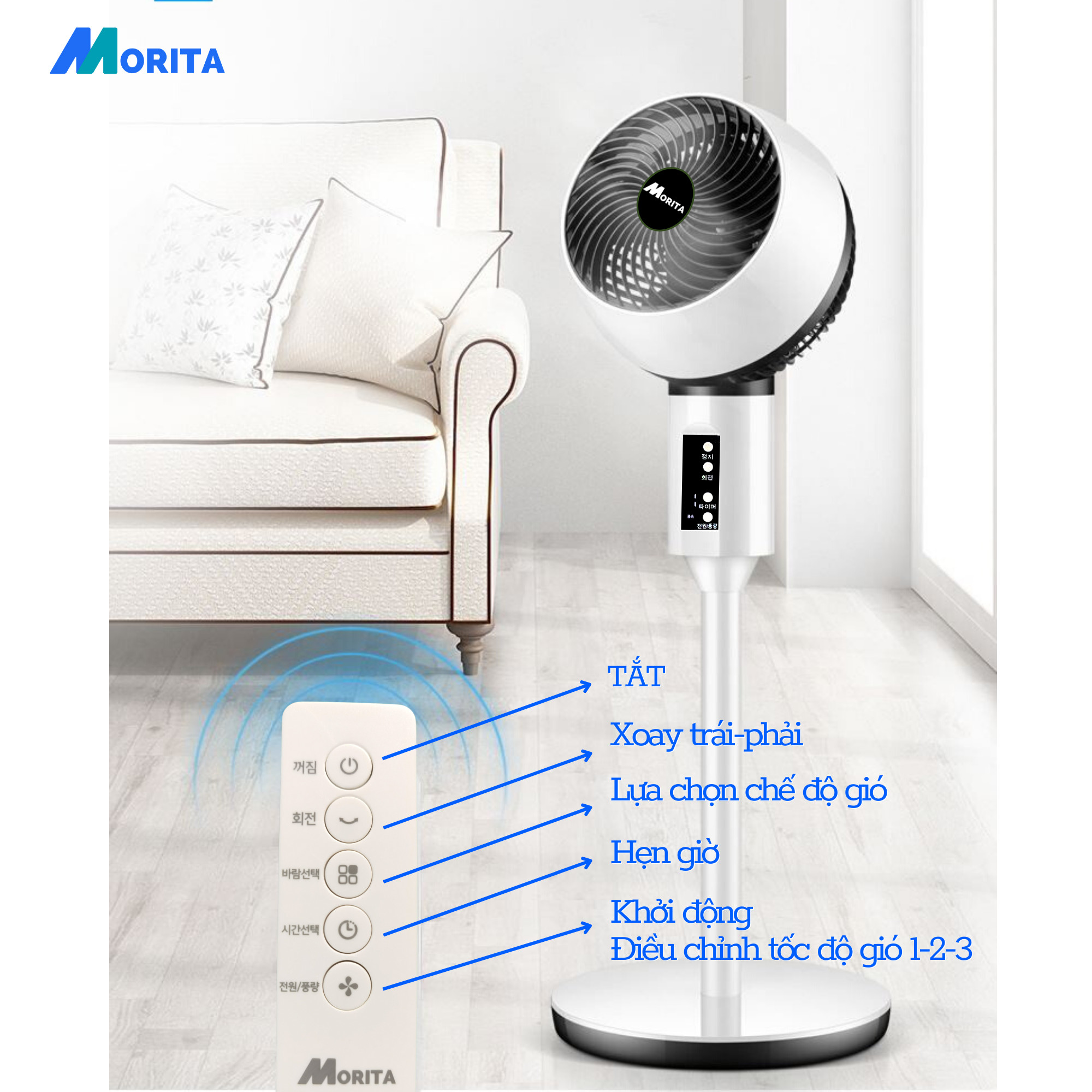 Quạt tuần hoàn không khí Morita TF-2188R với 3 chế độ gió, có thể xoay 90°