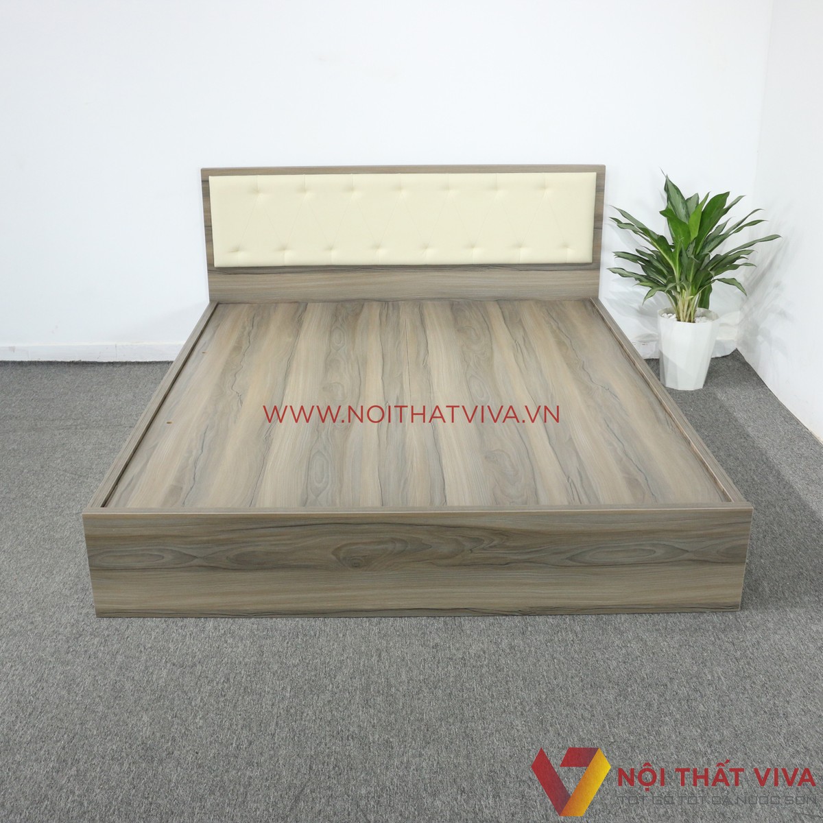 Giường Ngủ Gỗ MDF Melamine Màu Nết Có Đầu Nệm Kem Đẹp