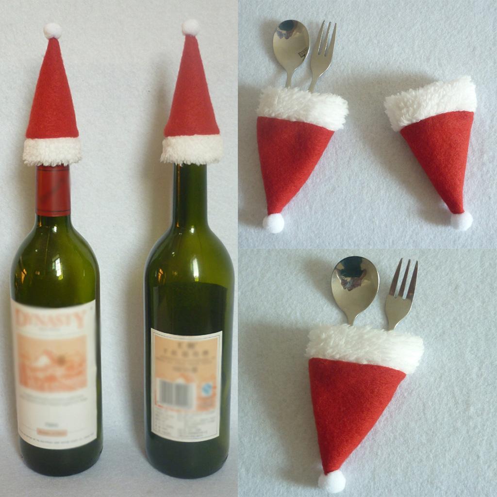 3x Red Non-woven Christmas Decorate for Red Wine Bottle Sets Christmas Hats