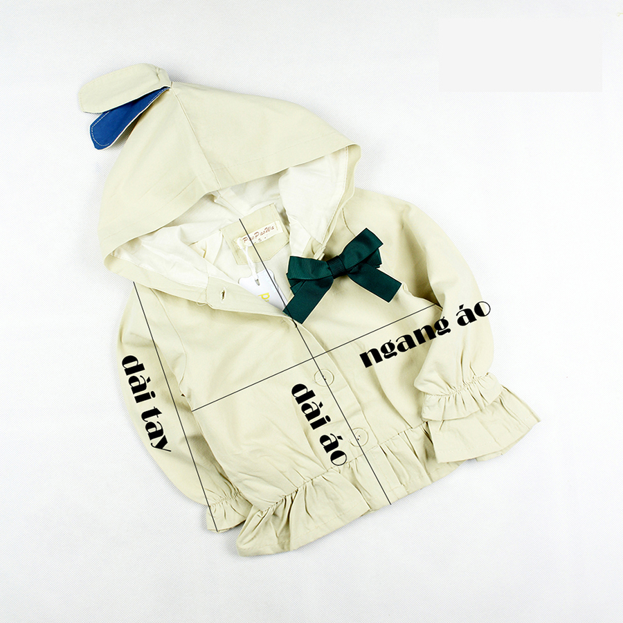 Áo khoác kem tai thỏ đính nơ xanh cho bé gái 4-8 tuổi hàng Quảng Châu từ 18 đến 26 kg 01532