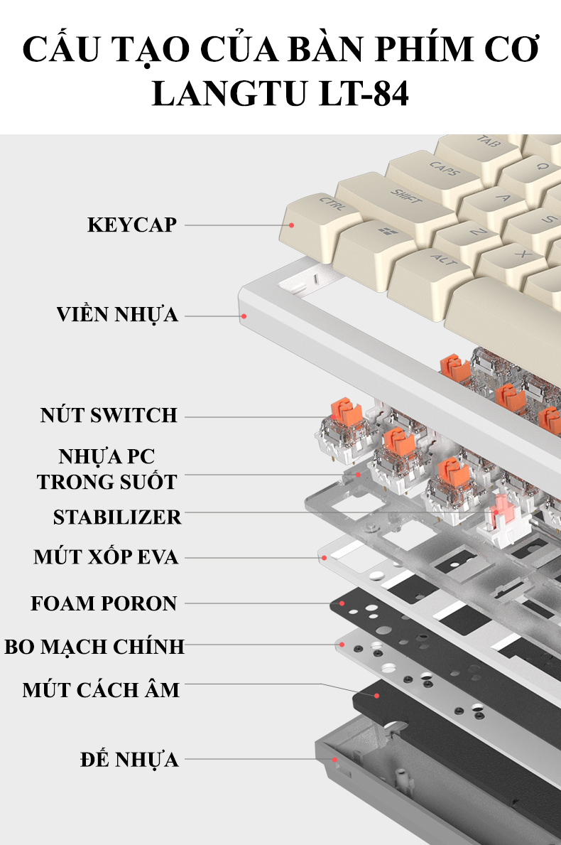 Bàn phím cơ Golden Switch LANGTU LT-84 kết nối có dây được trang bị màn hình led mini và nút vặn đa phương tiện kèm theo 19 chế độ đèn led - Hàng Chính Hãng