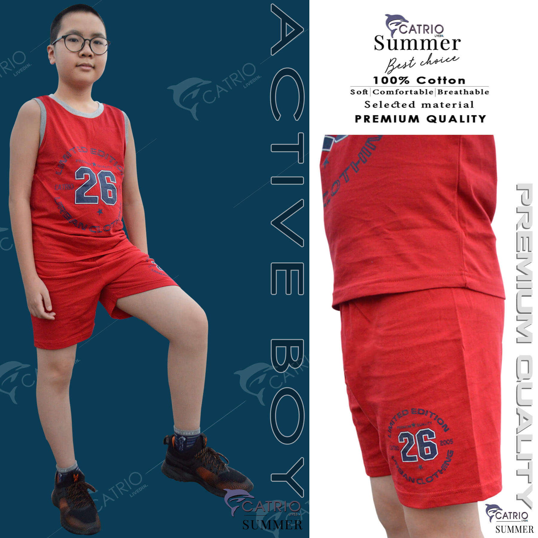 BỘ ĐỒ BÉ TRAI CATRIO in số 26 là bộ phông trẻ em gồm QUẦN ĐÙI + ÁO SÁT NÁCH, vải 100% cotton, phù hợp với các bé trai từ 5 tuổi đến 8 tuổi mặc ở nhà, đi chơi rất thoáng mát