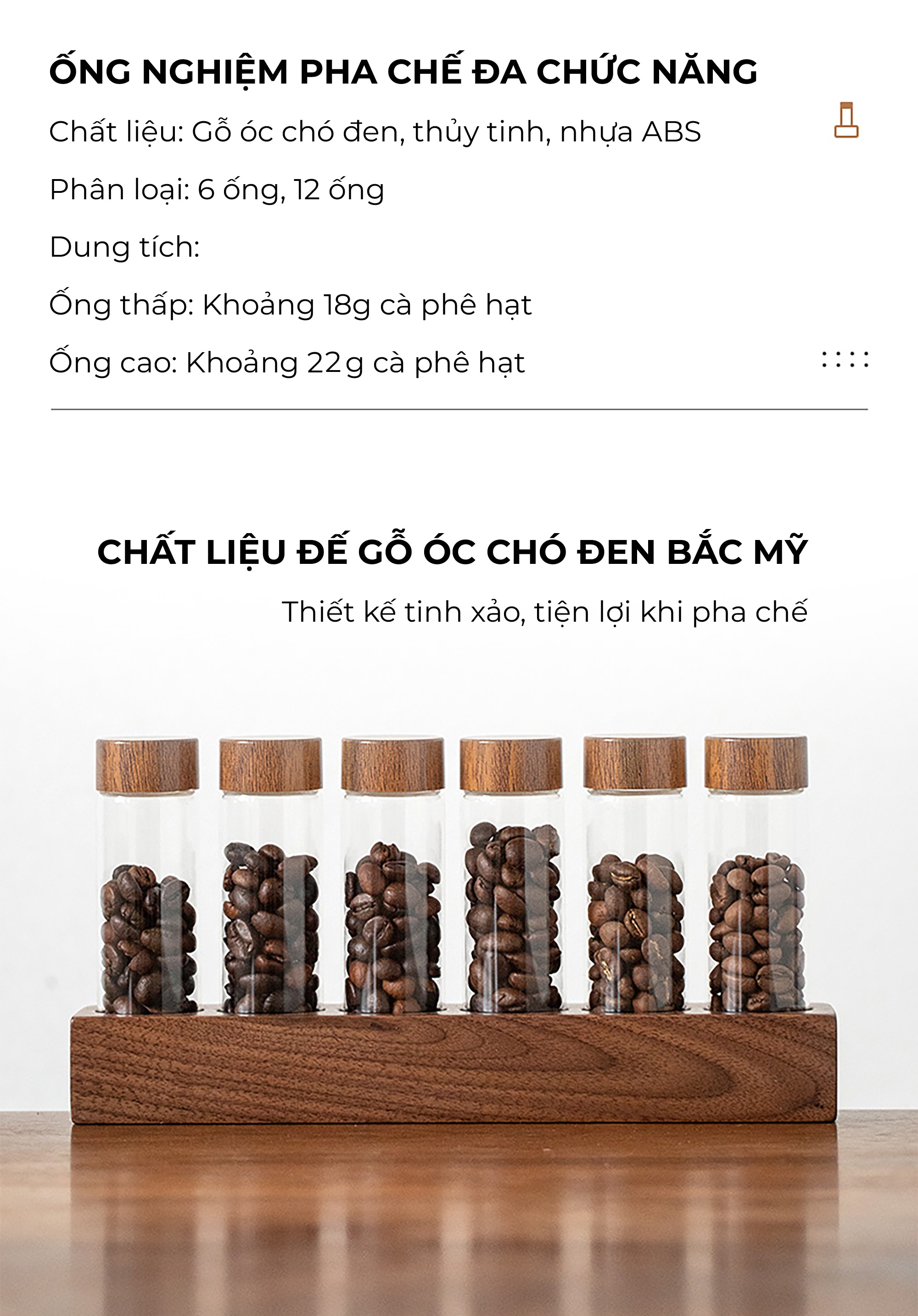 Bộ ống thủy tinh khung gỗ óc chó đựng cà phê CAFEDE KONA