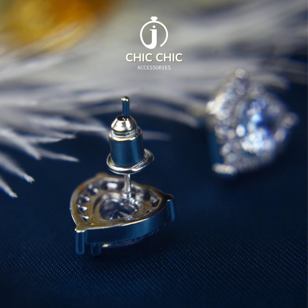 Bông Tai Nữ Bạc Cá Tính Hình Trái Tim Đính Đá Zircon Siêu Lấp Lánh Cao Cấp | Bông Tai Chic Chic A78