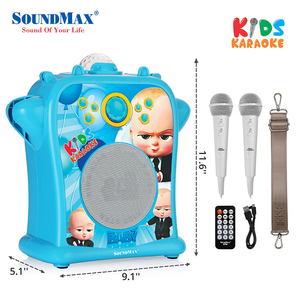 Loa SoundMax Bluetooth KIDS | Loa karaoke trẻ em SoundMax Kids | Loa quà tặng trẻ em | Công suất 20W Hỗ trợ Bluetooth USB karaoke AUX in out Đèn LED RGB Tặng 2 micro có dây - Hàng Chính Hãng