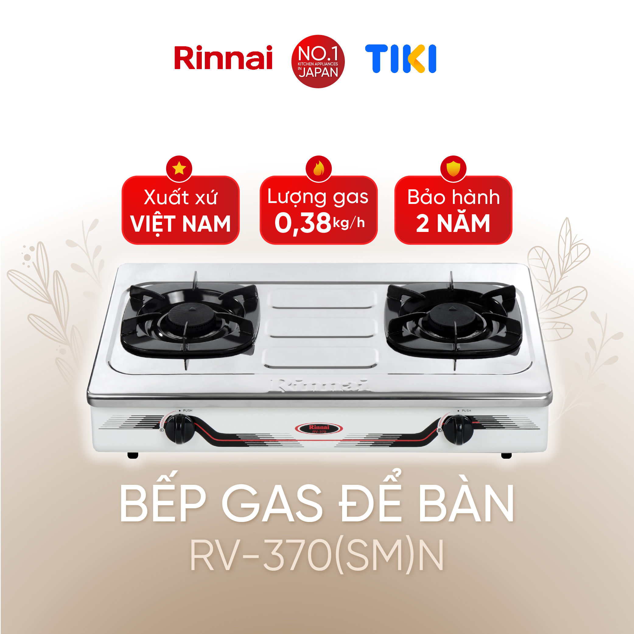 Bếp gas dương Rinnai RV-370(SM)N mặt bếp inox và kiềng bếp men - Hàng chính hãng