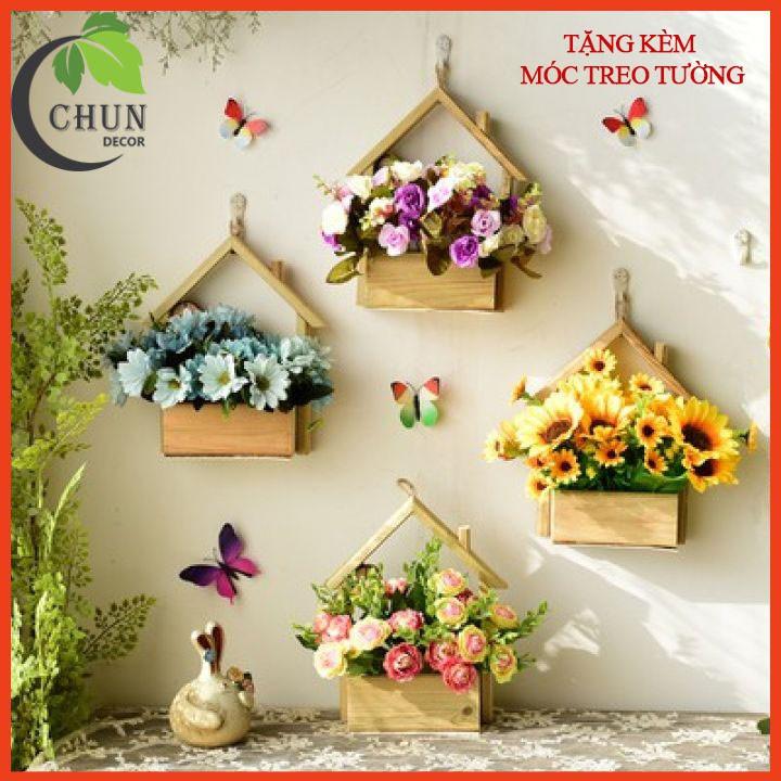 Hoa giả - Giỏ hoa, lẵng hoa lụa treo tường hình ngôi nhà nhiều mẫu, chất liệu gỗ thông tự nhiên