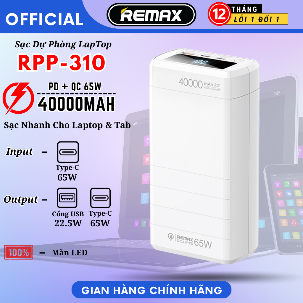 Pin sạc dự phòng 40000mAh 65W PD QC Remax RPP-310 sạc nhanh cho smatphone ipad máy tính bảng laptop Hàng Chính hãng Remax
