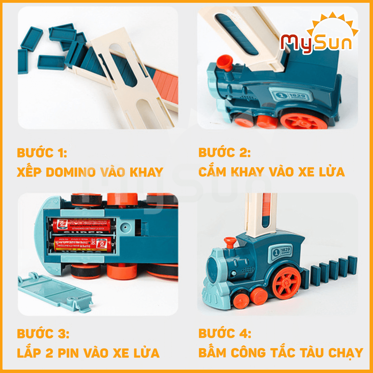 Xe lửa tàu hỏa DOMINO đồ chơi xếp hình cho bé thông minh bằng nhựa chạy pin MySun