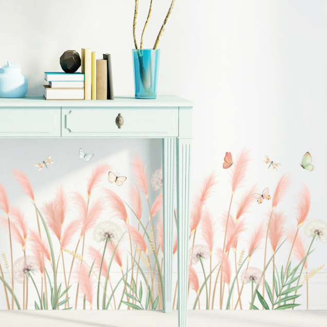 Decal trang trí tường - Chân tường cỏ bông lau hồng
