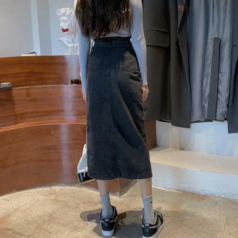 Chân váy bò Denim nữ chất Jeans dáng dài xẻ sườn lưng cao phong cách Ulzzang Hàn #918-929