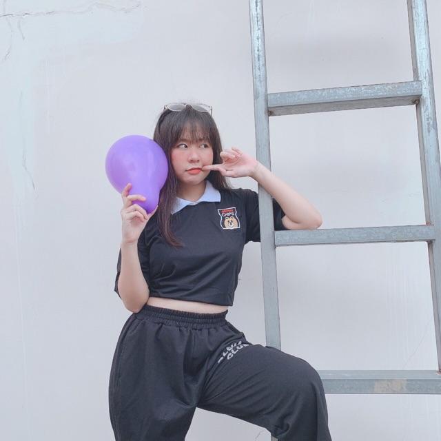 Áo kiểu croptop cổ bẻ lo go thêu nữ