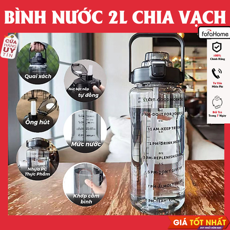 Bình Nước 2 Lít Có Vạch Chia Nhắc Giờ Dành Cho Người Lười Uống Nước, Bình Đựng Nước Thể Thao 2L Kèm Ống Hút Tiện Dụng (Chọn Màu)