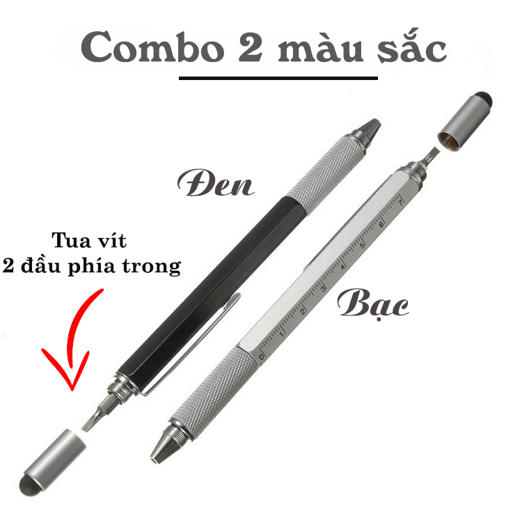 Bộ 2 Cây Bút Bi 6 in 1 Đa Chức Năng Đầu Bút Cảm Ứng Chạm Màn Hình Tích Hợp Tua Vít Tiện Lợi (mực đen) - Hàng Chính Hãng