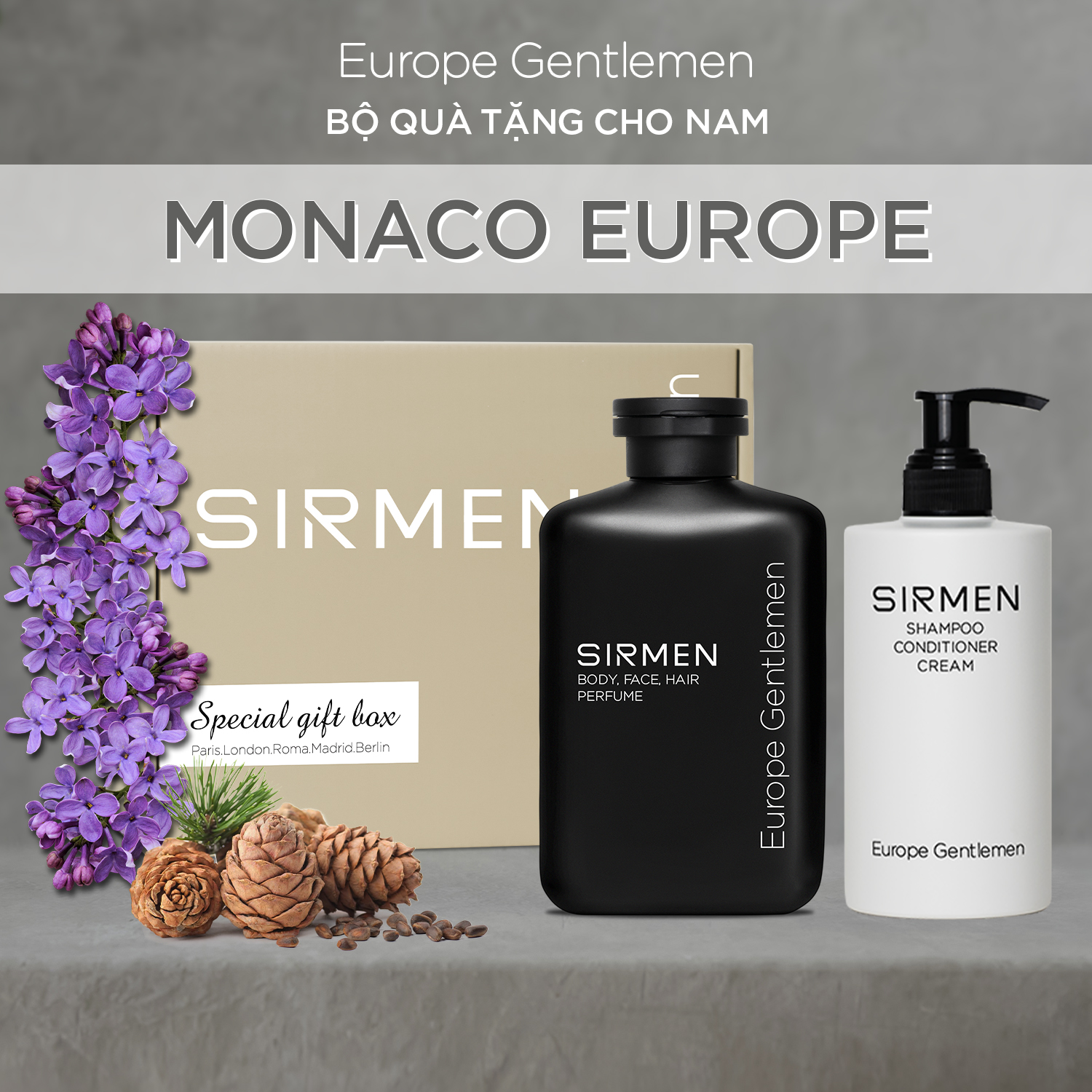 Sữa tắm 350g và Dầu gội 320g nguyên liệu châu Âu SIRMEN Europe Gentlemen cao cấp 100g chiết xuất tự nhiên