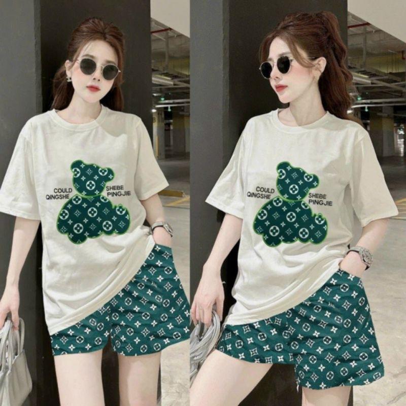Sét bộ đồ đùi nữ mặc đi làm đi chơi thêu hình gấu siêu xinh, bộ đồ mặc ở nhà quần ngắn thun cotton siêu mát