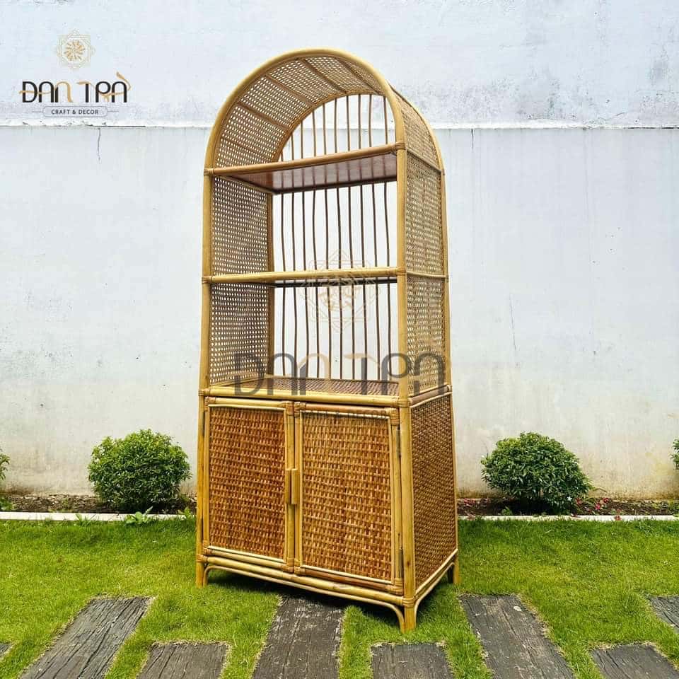 Tủ Mây Đựng Sách Đan Trà- Tủ Mây Decor Vintage- Tủ Mây Mắt Cáo Đan Trà- Nội Thất Mây Tre Đan Trà
