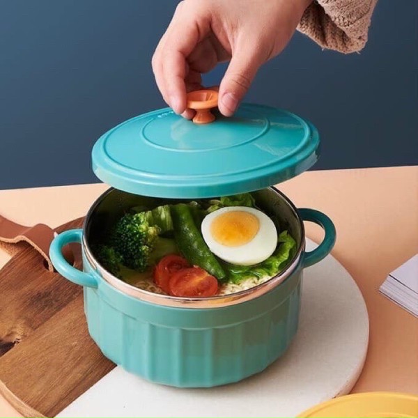 Bát lõi inox giữ nhiệt có quai cầm, tô đựng thực phẩm an toàn, Bát ăn mì bằng thép không gỉ có nắp đậy