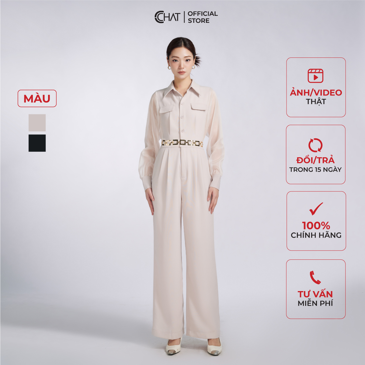 Jumpsuit Nữ Phối Tay Dáng Suông 2 Ly Chất Tuytsi Cao Cấp 62JDS8001ST - ghi - L