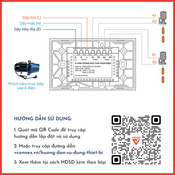 Ổ cắm chống giật cho phao điện Vconnex - Sử dụng cho mạch Bơm + Phao bồn chứa + Phao bể ngầm